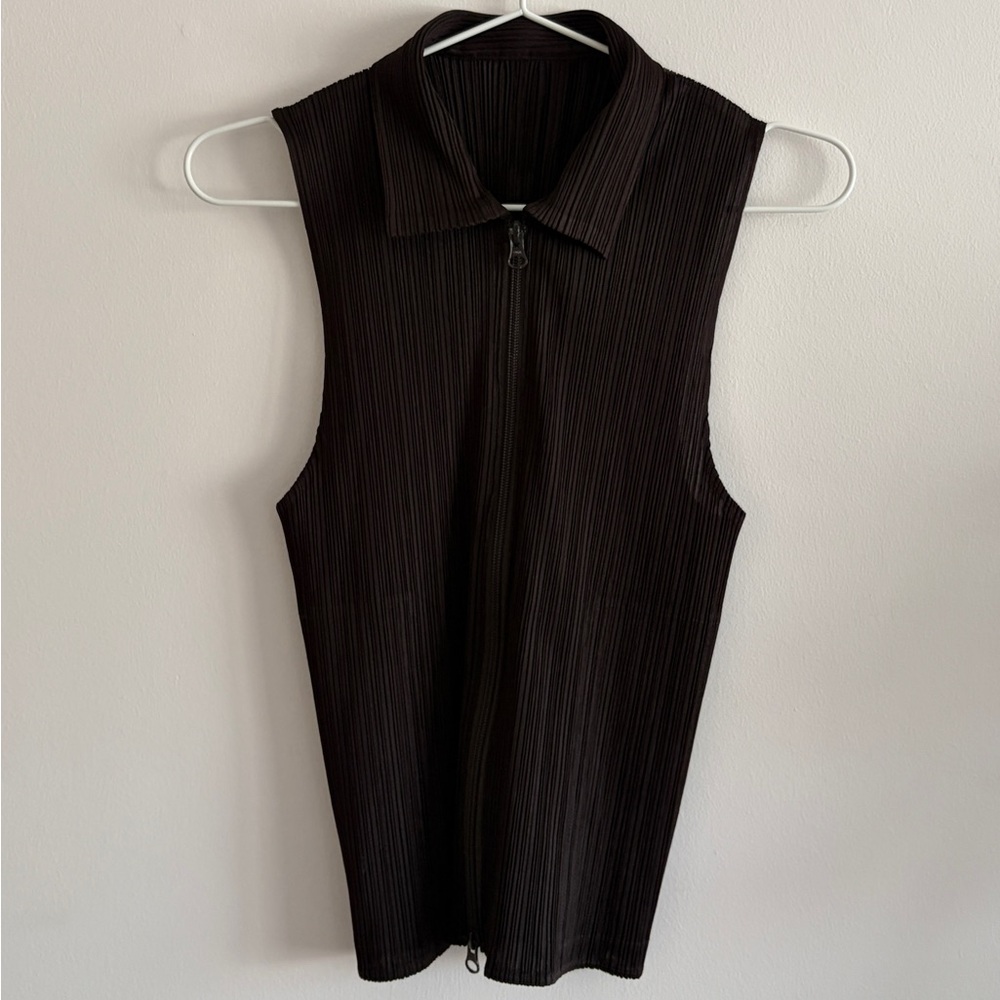 Pleats Please Dark Brown Collared Sleeveless Zip … - image 1
